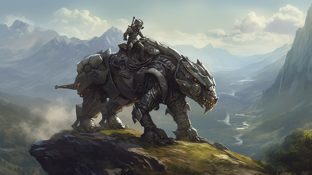halfling riding mechanical wolf on a cliffside