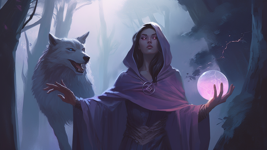 woman in purple robe holding magic orb with wolf behind her