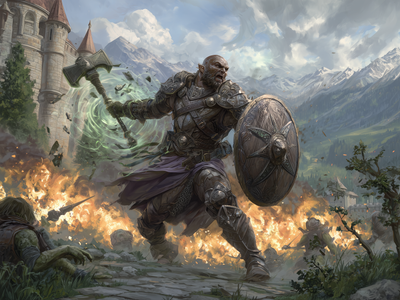soldier with magic warhammer fighting goblins with fire